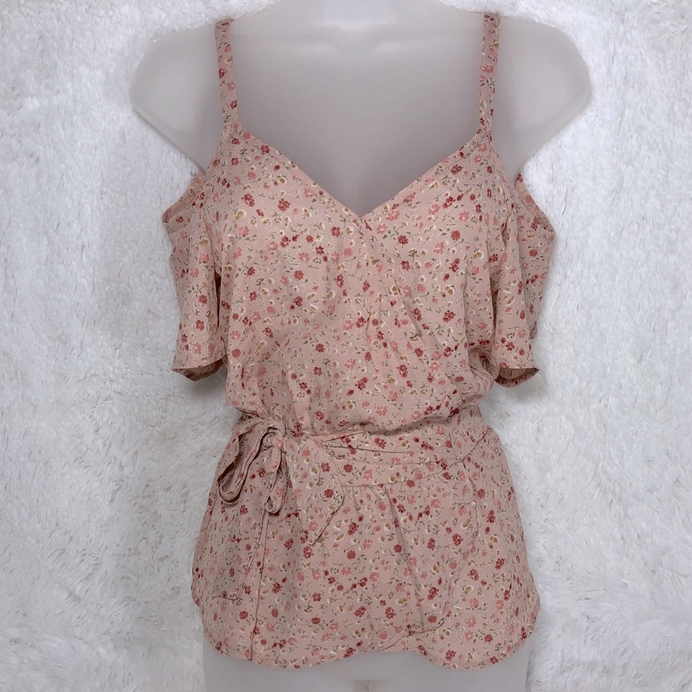 cold shoulder wrap waist floral blouse